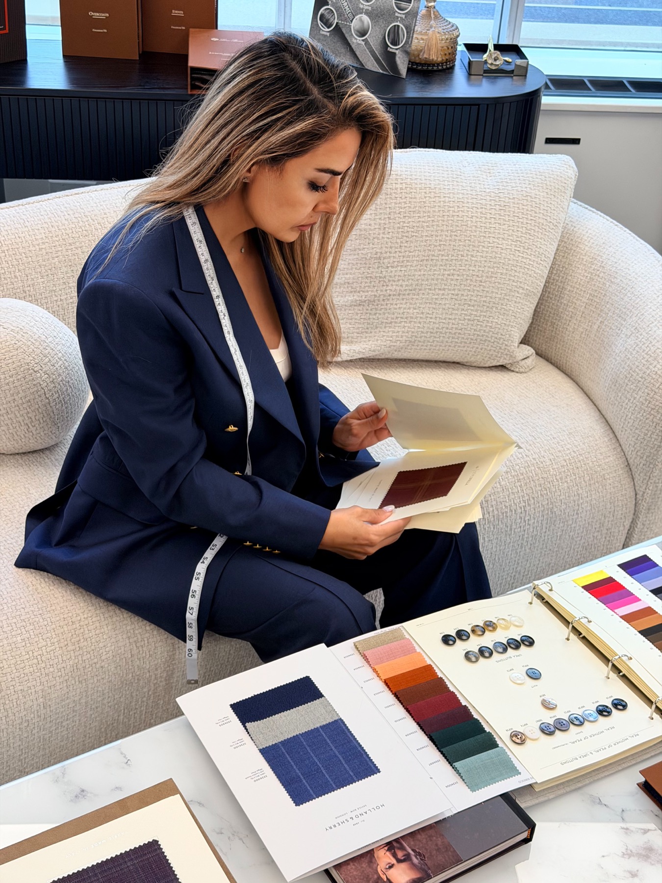 Atelier Sareno selecting luxury fabrics